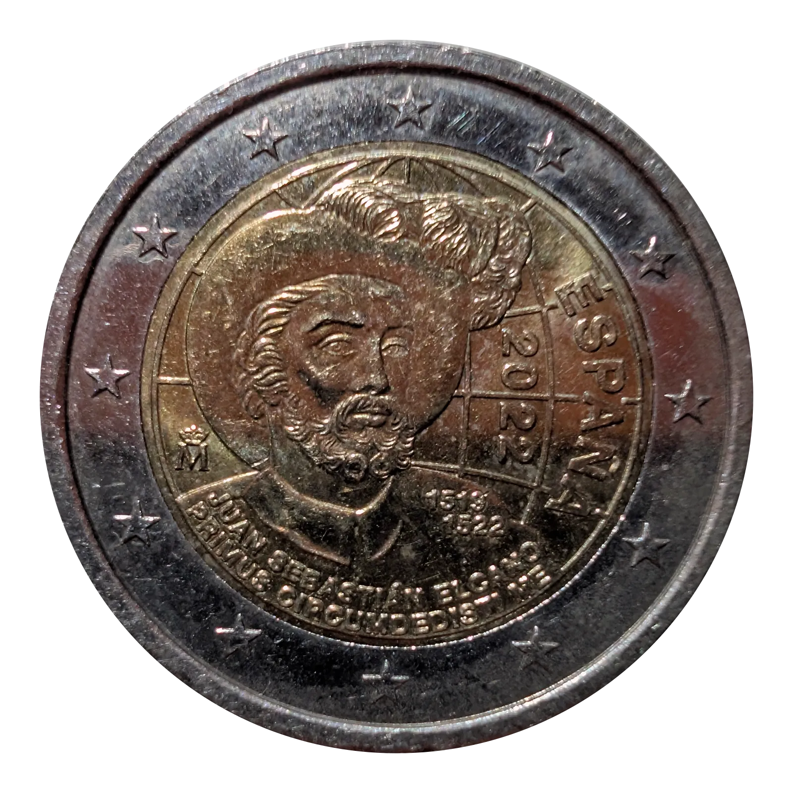 Cara nacional: 2 € de España de 2022: retrato de Juan Sebastián Elcano con el globo terráqueo y «PRIMUS CIRCUMDEDISTI ME».
