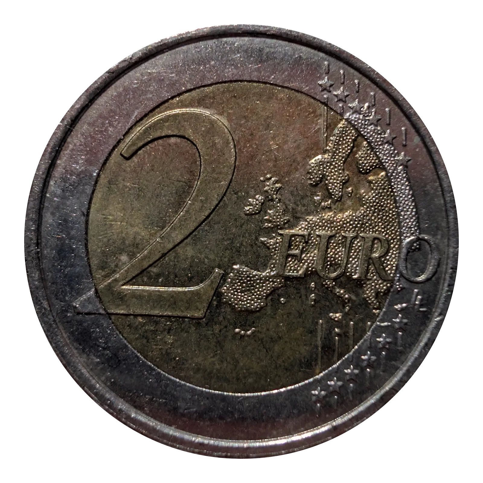 Cara común: Cara común del 2 €: el valor «2 EURO» junto al mapa de Europa y las doce estrellas de la Unión Europea.